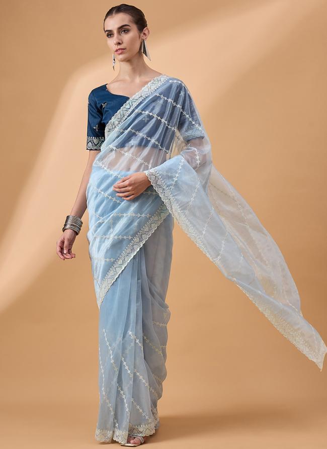 Organza Blue Party Wear Embroidery Work Saree